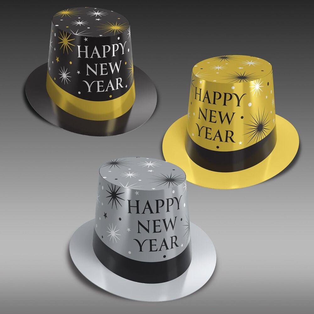 6085 Black, Silver, & Gold New Year Hi-Hats – 25 Pack, Metallic Foil Party